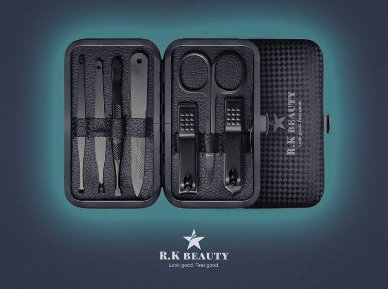 [Australia] - Manicure Sets 7Pcs for Men & Women, Fashion Professional Stainless Steel Nail Clippers Pedicure Kit Grooming Tools by RK Beauty (BLACK) Black 