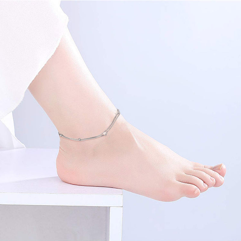 [Australia] - 925 Sterling Silver Stars Anklet Double Layered Chain Ankle Bracelets Adjustable Anklets for Women 