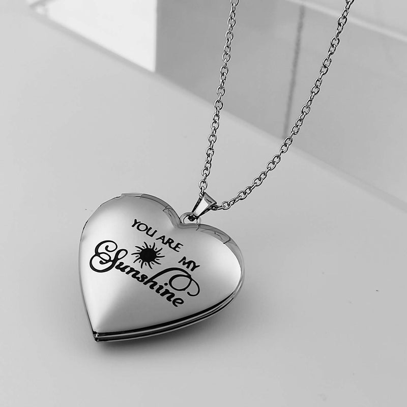 [Australia] - POWER WING Heart Locket Necklace for Women Girls That Holds Pictures Engraved Photo Lockets Gifts 20" Chain Engraved You are My Sunshine 