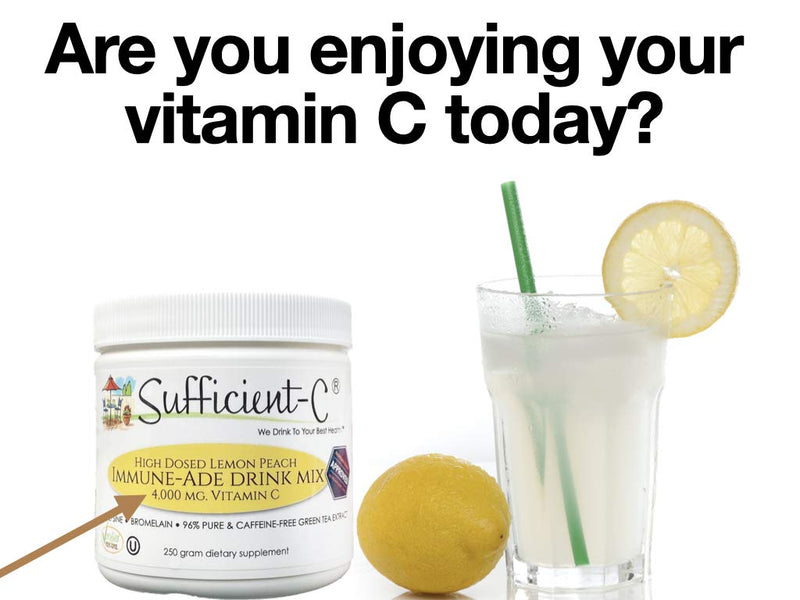 [Australia] - Sufficient-C high-dosed 4000 mg. Non-GMO Vitamin C - Lemon Peach Immune-Ade Drink Mix 250 Gram size - healthy, refreshing hydration with generous dosing of l-lysine, bromelain and a 96% pure, caffeine-free green tea extract, ionophore, thyroid, fatigue... 