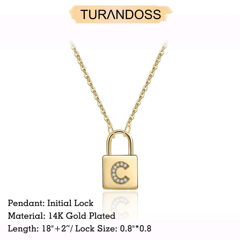 [Australia] - Turandoss Gold Initial Lock Necklaces for Women, 14K Gold Plated Dainty Personalized Initial CZ Letter Padlock Pendant Gold Lock Necklaces for Women Girls Trendy Jewelry Gifts C 