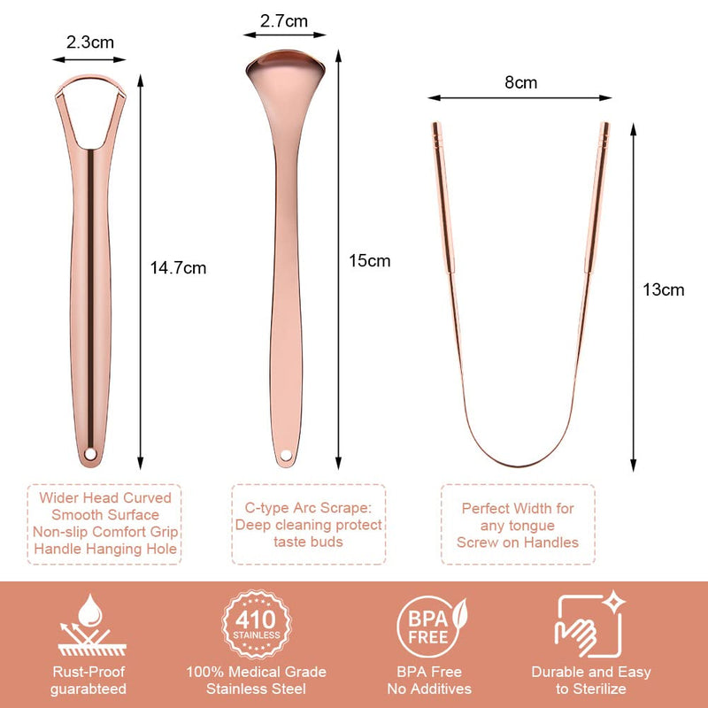 [Australia] - ACWOO Tongue Scraper, 3 Pack Stainless Steel Tongue Cleaners with Travel Case, Tongue Cleaner Tool for Oral Hygiene, Fresh Breath, and Reduce Bad Breath, Reusable Tongue Scrapers for Adults Rose Gold 