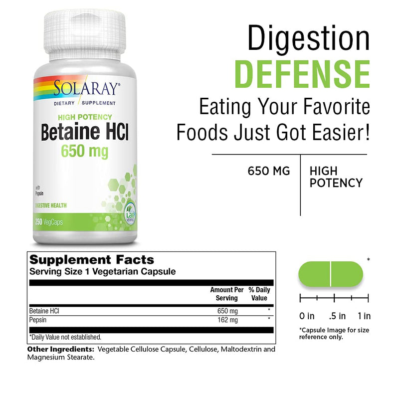 [Australia] - Solaray Betaine HCL with Pepsin, High Potency Hydrochloric Acid Formula, Healthy Digestion Supplement, with Digestive Enzymes for Gut Health Support, 250 Servings, 250 VegCaps 250 Count (Pack of 1) 