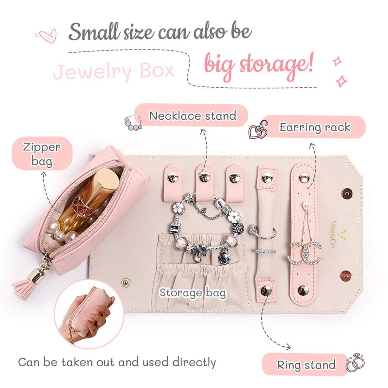 [Australia] - Vee Travel Jewelry Organizer Jewelry Box, Jewelry Roll, Travel Accessory Storage Box for Rings Earrings Necklaces Pink 