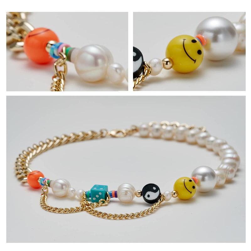 [Australia] - Happy Go Lucky Necklace Smiley Face Pearl Chain Necklace Y2k Yin Yang Rainbow Polymer Clay Beads Cute Creative Handmade Bohemia Charm Choker Necklace For Women Girls 