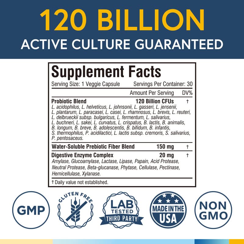 [Australia] - Terranics Probiotics 120 Billion with Prebiotics & Digestive Enzymes, 30 Tested Strains, Complete Digestion & Immune Support, Non-GMO, NO Soy, Dairy & Gluten, for Men and Women, 30 Veggie Capsules 