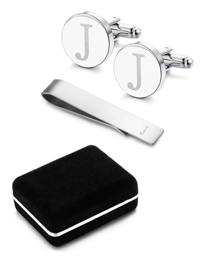 [Australia] - LOYALLOOK Stainless Steel Engraved Initial Cufflinks and Tie Clip Bar Set Alphabet Letter with Gift Box A-Z J 