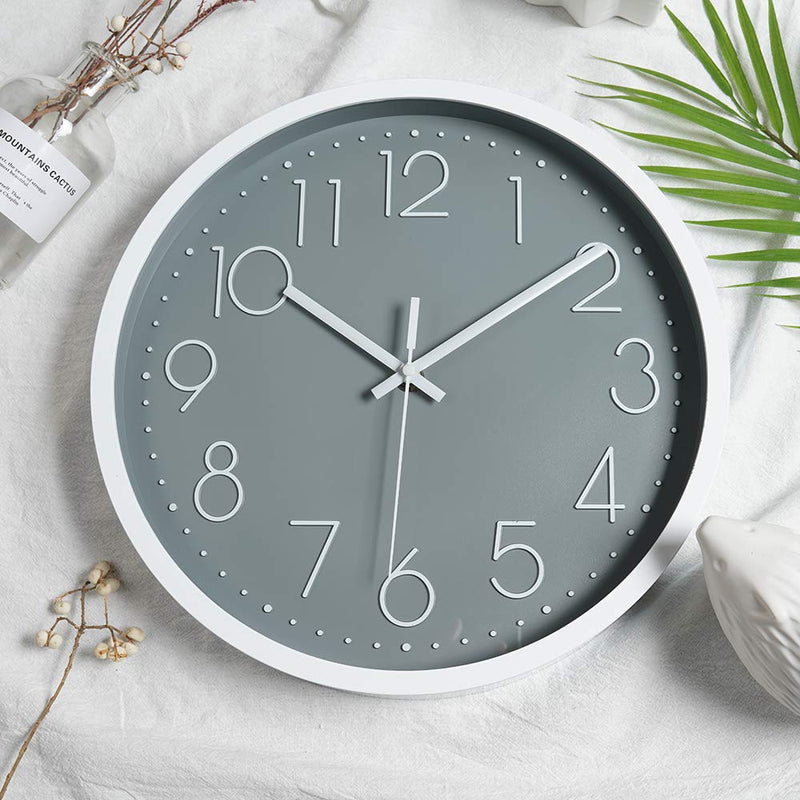 [Australia] - 12in Non-Ticking Wall Clock, JUSTUP Silent Battery Operated Wall Clock with ABS Frame HD Glass Cover for Kids Living Room Bedroom Kitchen School Office Decor (Gray) Gray 