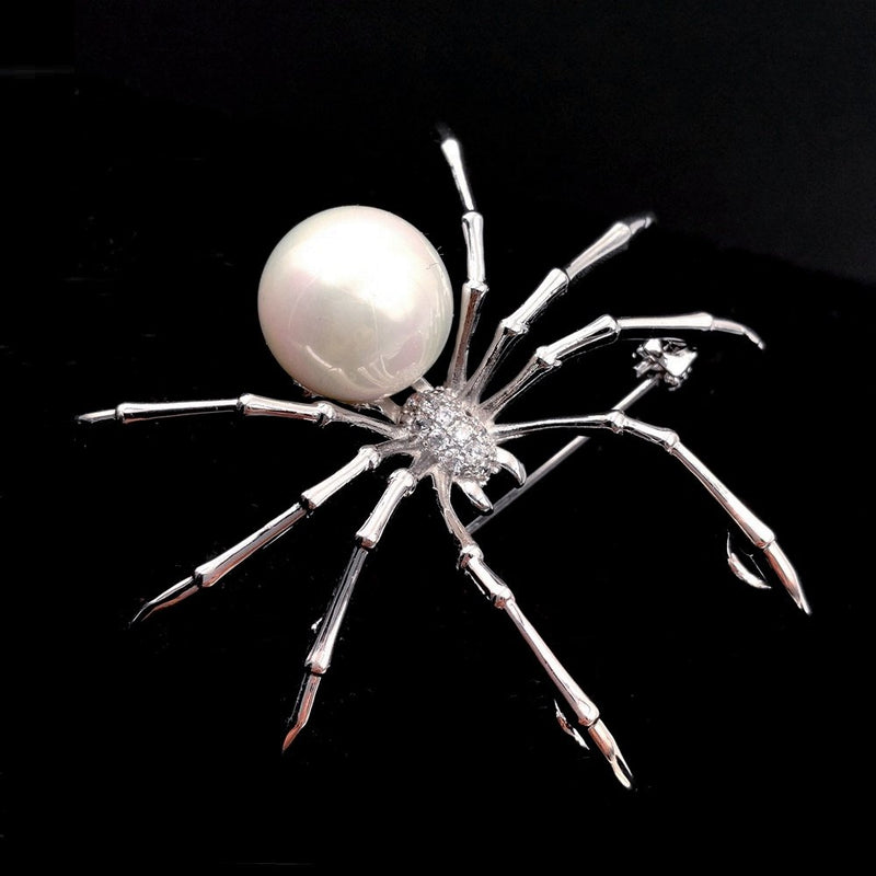 [Australia] - DREAMLANDSALES Victorian Style Mother of Pearl Body and Micro Pave Insect and Aninmal Brooch Pins (White Spider) 