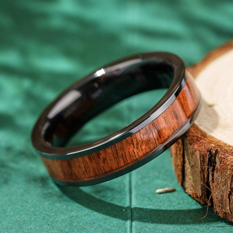 [Australia] - THREE KEYS JEWELRY 8MM 6MM Black Ceramic Wedding Ring with Antler Koa Wood Inlay Flat Wedding Band Ceramic Rings for Men Women 5.5 