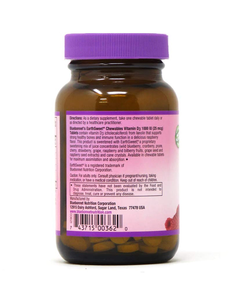 [Australia] - BlueBonnet Nutrition Earth Sweet Vitamin D3 1000 IU Chewable Tablets, Raspberry, 90 Count 