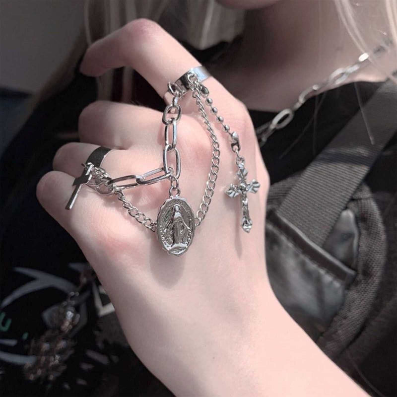 [Australia] - Yheakne Boho Chain Rings Silver Cross Link Chain Finger Ring Stackable Knuckle Rings Vintage Tassel Cuff Rings Gothic Statement Ring for Women and Girls (Style A) Style A 