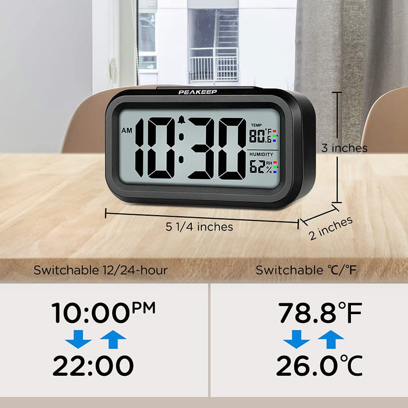 [Australia] - Peakeep Alarm Clock Battery Operated - Indoor Temperature Humidity Digital Display for Bedrooms, Smart Night Light, Small Easy Desk Bedside Gifts Clock Black 1 