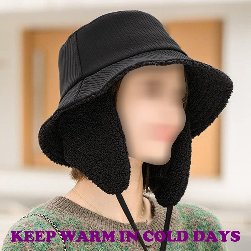 [Australia] - Winter Bucket Hats for Women Girls with Ear Flaps Warm Cloche Fisherman Caps PU Velvet Black 