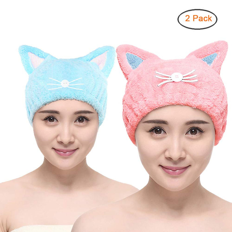 [Australia] - 2Pcs Microfiber Hair Drying Towels, Cute Bath Towel Wrap, Ultra Soft Absorbent Hair Dry Hat Cap, Quick Drying Bath Cap for Women Adults or Kids Girls Blue & Pink 