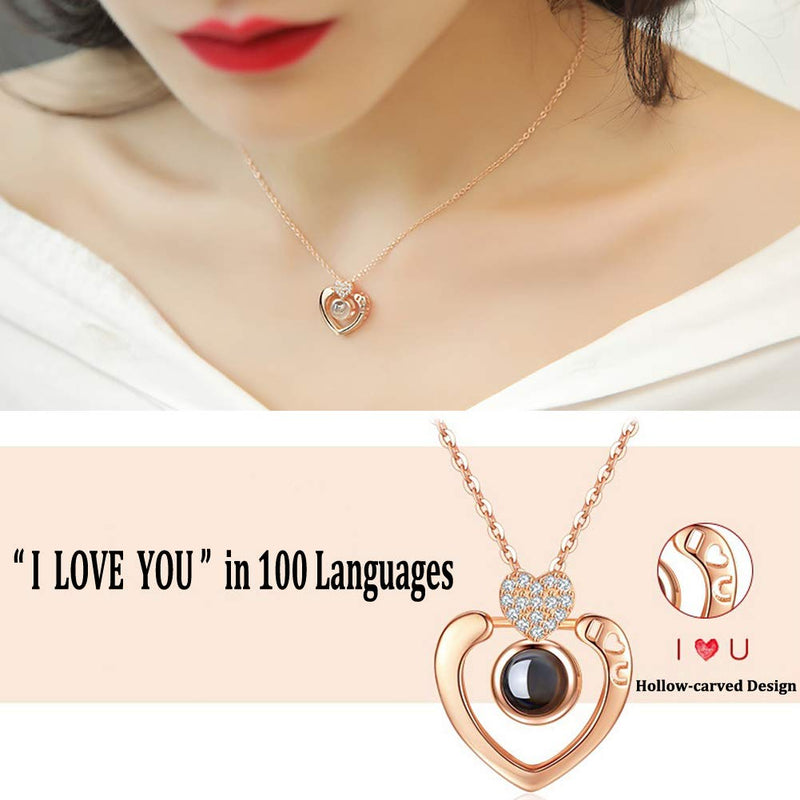 [Australia] - NEW-EC Necklace That Says I Love You in 100 Different Ways I Love You Necklace in 100 Languages Heart Rose Gold Hollow I U Design Projection Necklace Xmas Gift Birthday Present for GF Rose Gold-Heart 