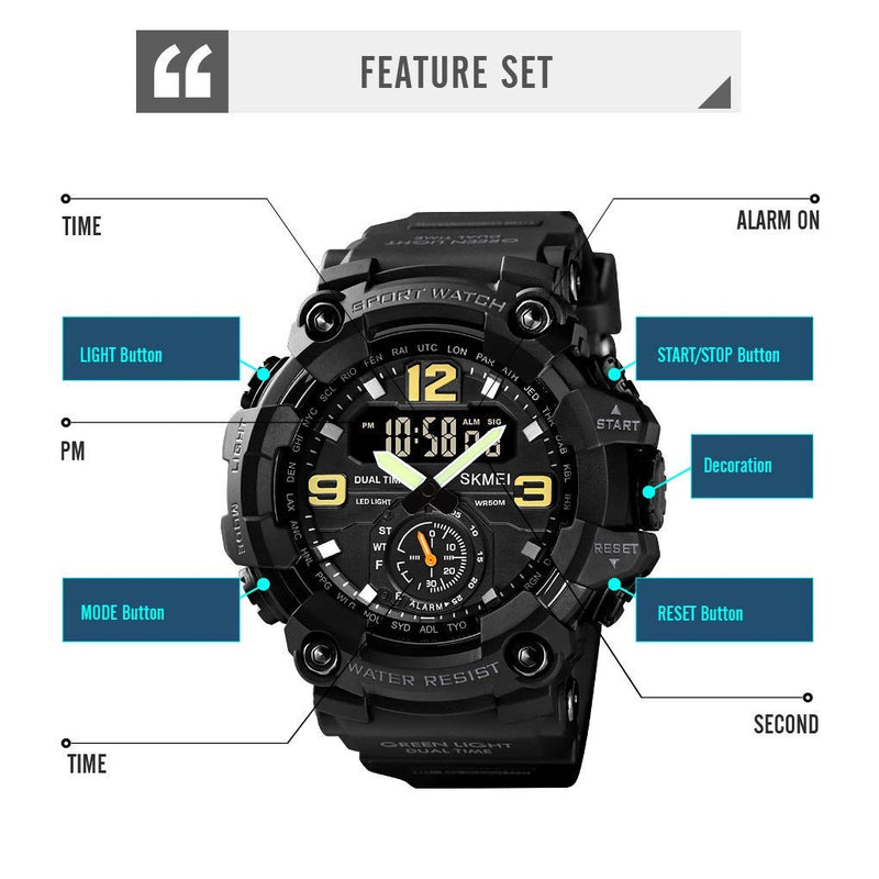 [Australia] - Men Digital Sports Watch, Dual Time Display LED Military Wrist Watch, Shockproof Large Dial Men Wristwatches Outdoor Waterproof Alarm Watches Black 