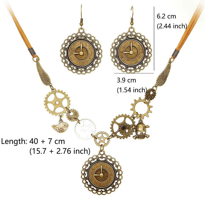 [Australia] - Juland Steampunk Gears Pendant Statement Necklace Vintage Bronze & Silver Watch Clock Clockwork Hand Gear Cog Handmade Kinetic Winged Gear Necklace and Earring Set - Y503 