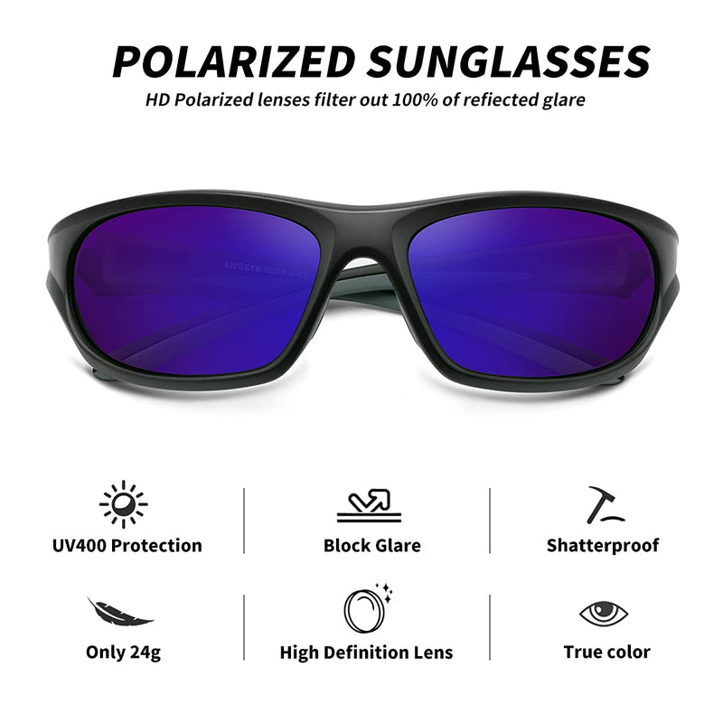 [Australia] - AWGSEE Polarized Sports Sunglasses For Men Cycling Driving Fishing Sun Glasses TR90 Unbreakable Frame 100% UV Protection Black Gray Frame/Blue Mirror Lens 