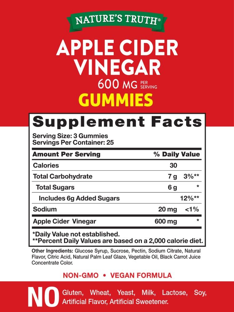 [Australia] - Nature's Truth Apple Cider Vinegar 600mg Vegan Gummies, 75 Count 
