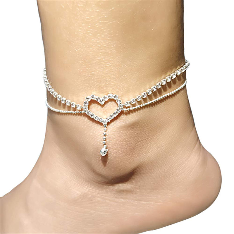[Australia] - kelistom Shinny Ankle Bracelets for Women Teen Girls, Heart Star Cross Charm White Gold Plated Rhinestone Inlay Chain Anklet with Extension Fashion Party Jewelry Gifts 