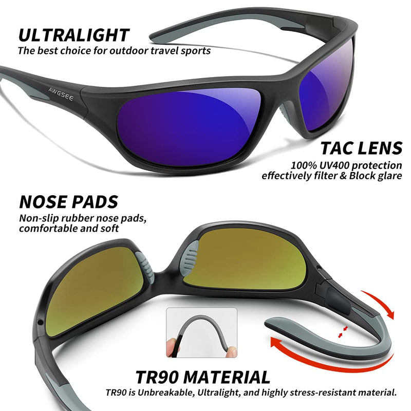 [Australia] - AWGSEE Polarized Sports Sunglasses For Men Cycling Driving Fishing Sun Glasses TR90 Unbreakable Frame 100% UV Protection Black Gray Frame/Blue Mirror Lens 