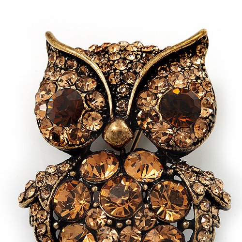 [Australia] - Avalaya Antique Gold Metal Amber Coloured Crystal Owl Brooch 