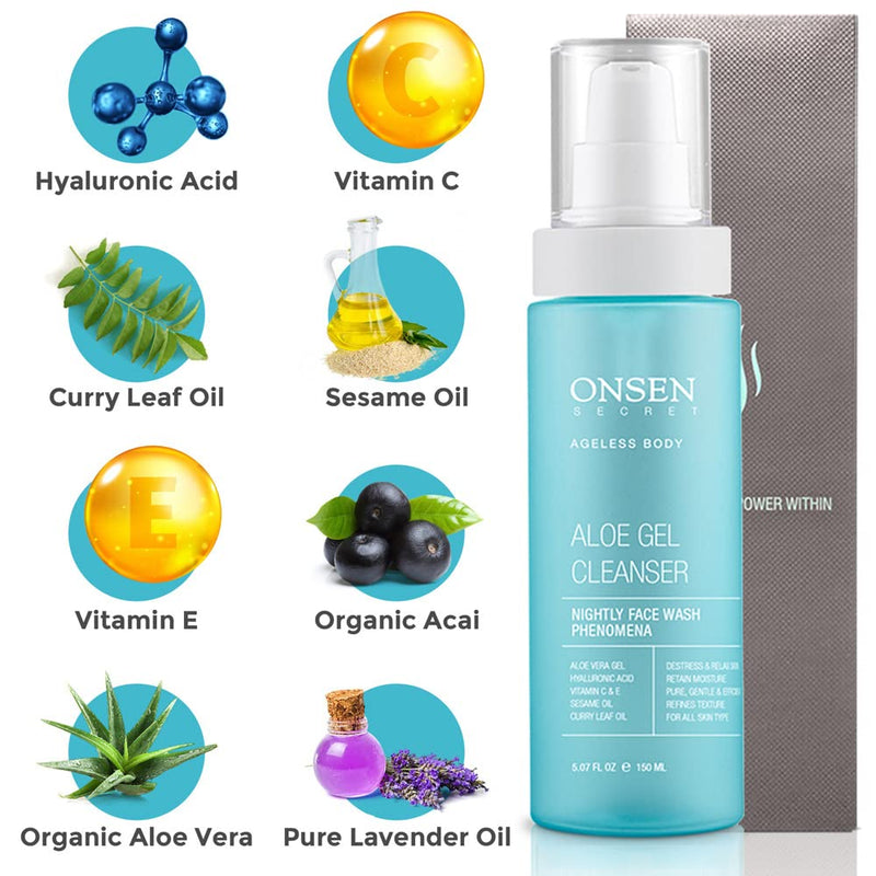 [Australia] - Onsen Secret Japanese Aloe Vera Face Wash - Premium Nightly Facial Cleanser for Makeup Removal, Heals Dry & Sensitive Skin, Hyaluronic Acid, Curry Leaf Oil, Vitamin C & E, Gel Cleanser Aloe Gel Cleanser 150 ml 