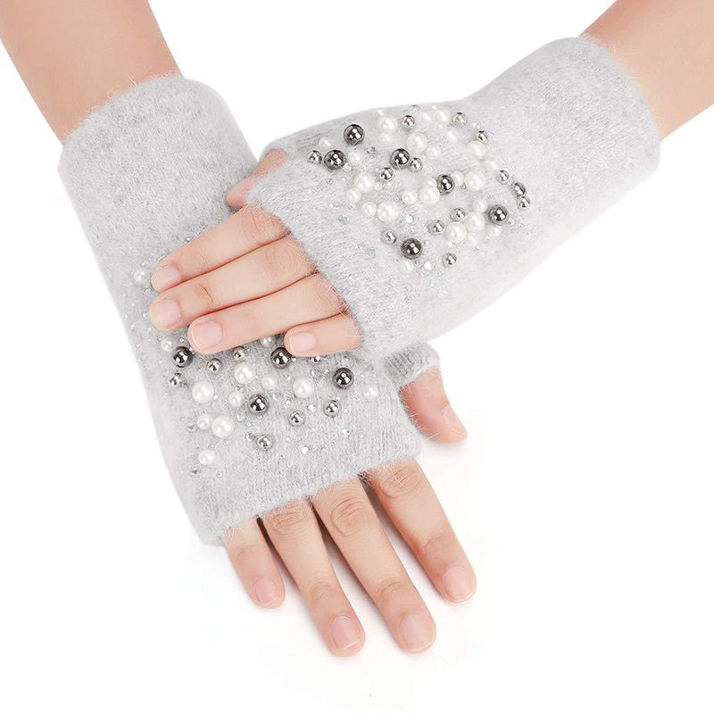 [Australia] - Afinder Winter Chic Beads Knitted Gloves Driving Writing Typing Short Fingerless Mitten Grey 