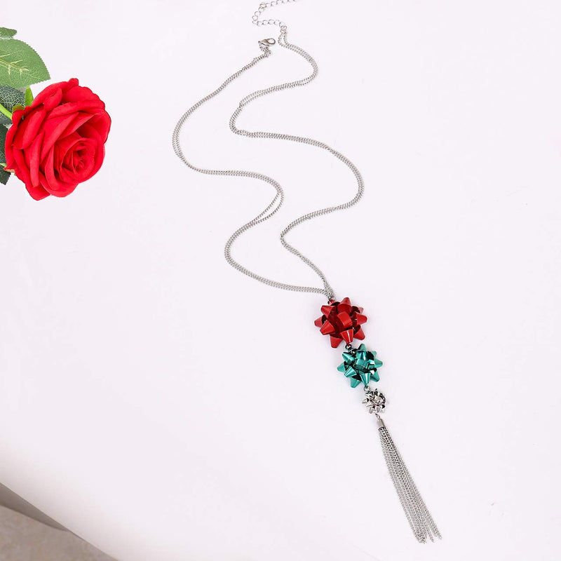 [Australia] - CEALXHENY Christmas Necklace for Women Festive Bow Pendant Necklaces Delicate Chain Tassel Necklace Long Necklace for Girls Red+Green+Silver 