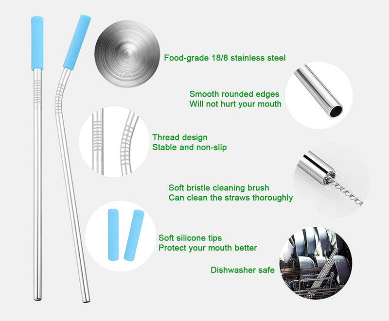 [Australia] - Uoking Metal Straw, 5 Pack Stainless Steel Straws Friendly Drinking Reusable Straw with Silicone Tips Cover & 1 Cleaning Brushes (Blue) Blue 