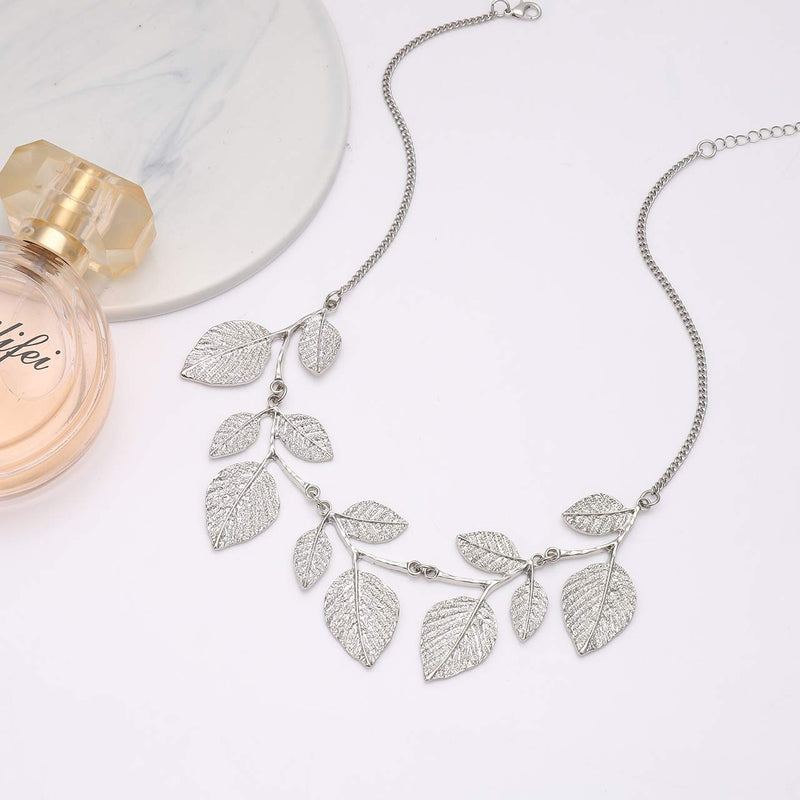 [Australia] - CENAPOG Bohemian Glitter Leaf Collar Necklace for Women Girls Plant Hammered Necklace Chunky Tree Life Choker Necklace Vintage Bib Necklace Silver 