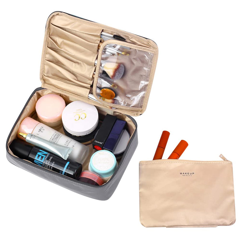 [Australia] - Yeiotsy Pastel Shade Cosmetic Bag Travel Makeup Bags 2 in 1 Toiletry Kit Organizer with Brush Holders (Grey) Grey 