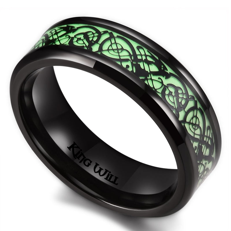 [Australia] - King Will Aurora 7mm/8mm Green/Blue Celtic Dragon Aurora Luminou Glow Black/Silver Titanium Wedding Ring for Unisex 7mm Green Light 6 