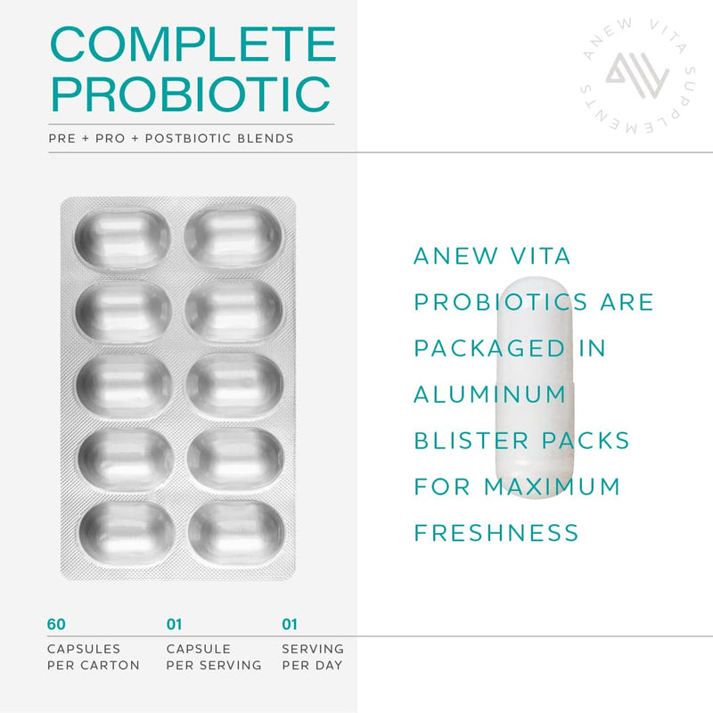 [Australia] - Anew Vita Complete Probiotic Blends | 5 in 1 Prebiotic, Probiotic, Postbiotic, Enzymes, Zinc | Quadruple Coated Probiotics | 20 Billion CFU per Veggie Capsule | 60 Veggie Capsules 