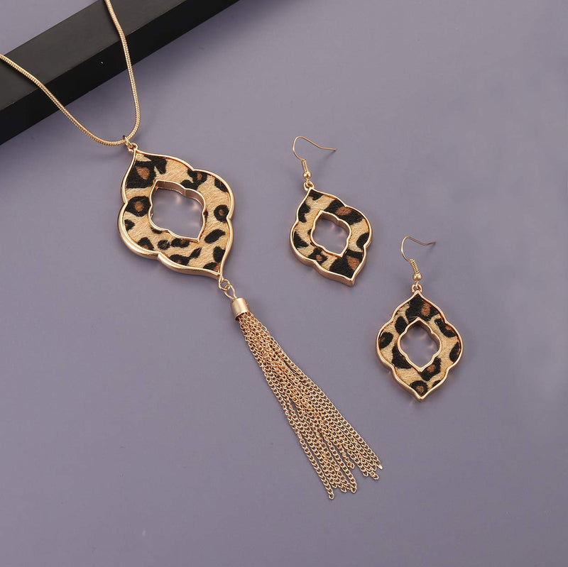 [Australia] - CXCraft Long Necklace for Women Leopard Print Necklace Cheetah Leather Drop Dangle Earrings Set Geometric Pendant Necklace Fringe Tassel Necklace Y Chain Necklace Celtic Clover 