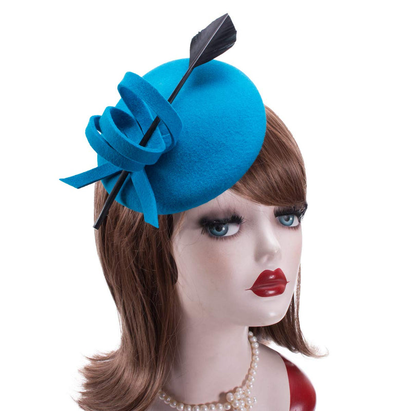 [Australia] - Ladies Curly Feather Felt Wool Fascinator Pillbox Tilt Cocktail Formal Hat A145 Blue 