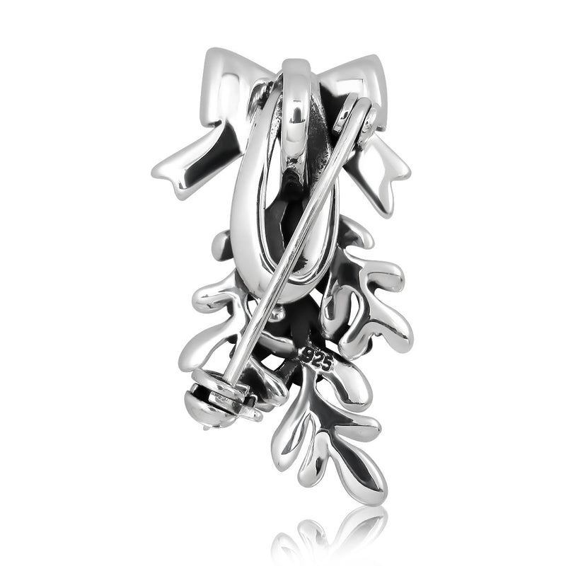 [Australia] - WithLoveSilver 925 Sterling Silver Christmas Holidays Mistletoe and Ribbon 2in1 Brooch Pin and Pendant 