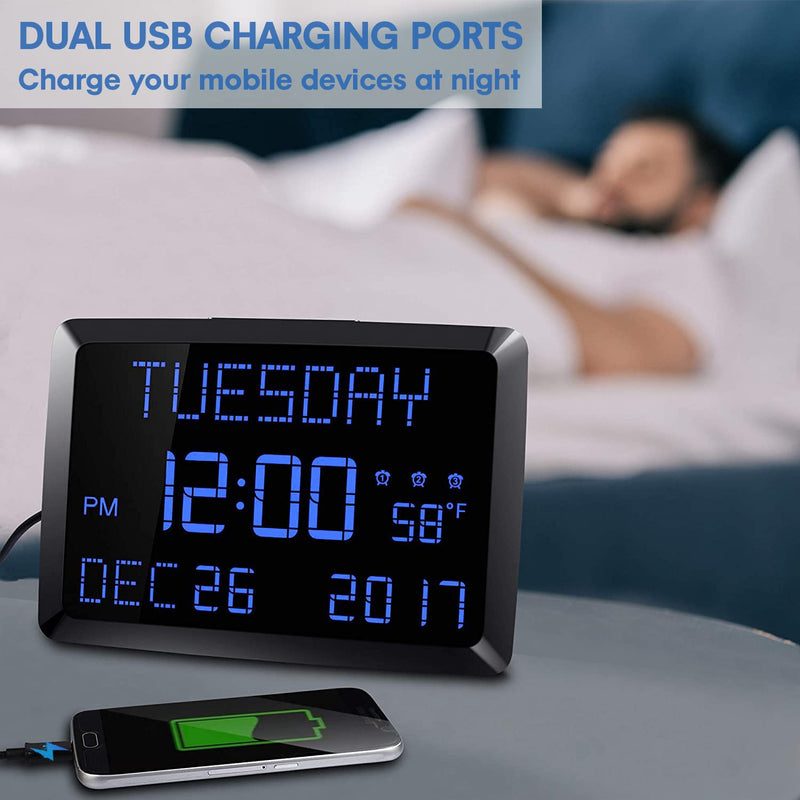 [Australia] - Digital Wall Clock, 11.5" Extra Large Display Calendar Alarm Day Clock with Date and Day of Week, Temperature, USB Charger & 3 Alarms, LED Desk Clock for Office,Living Room,Bedroom,Elderly 