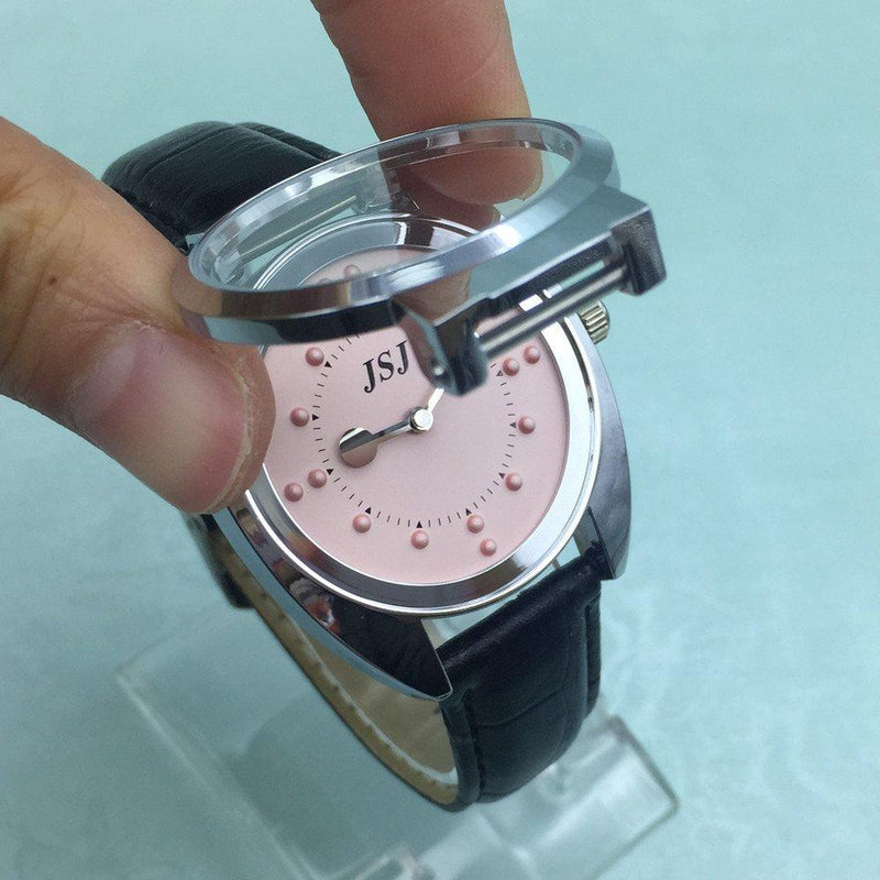 [Australia] - Stainless Steel Tactile Watch for Blind People-Battery Operated(Leather Strap, Pink dial) 