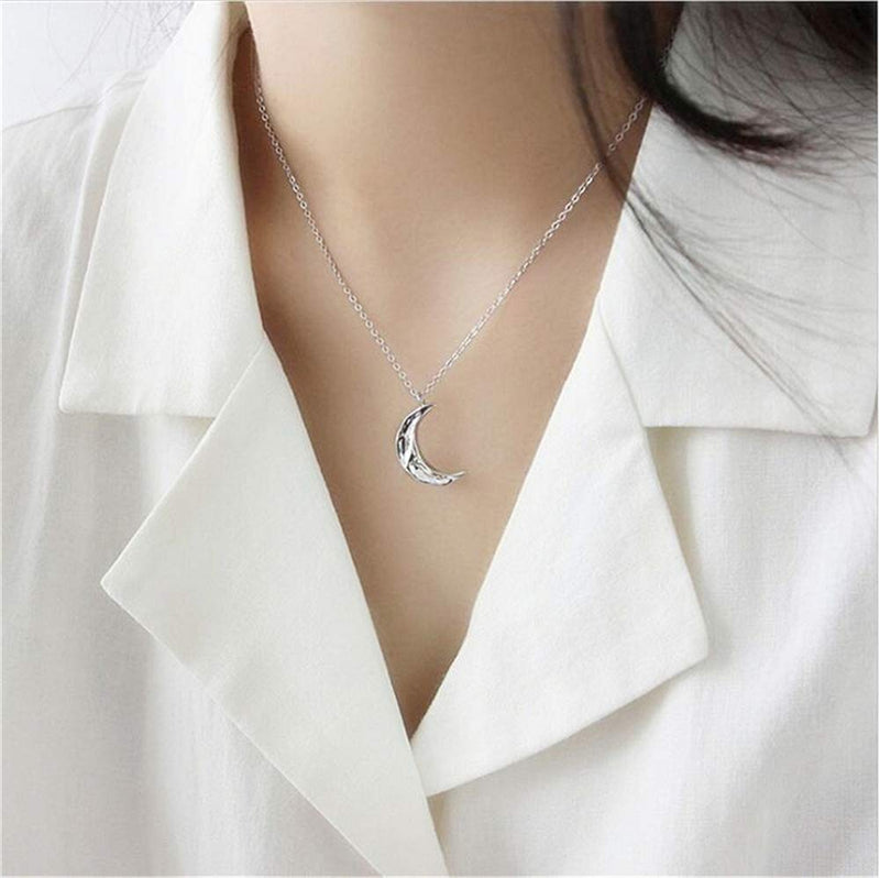 [Australia] - Dtja Boho Moon Necklace for Women Girls Sterling Silver Simple Delicate Crescent Half Moon Phase Karma Choker Pendant Necklace Adjustable Chain Handmade Hammered Jewelry 