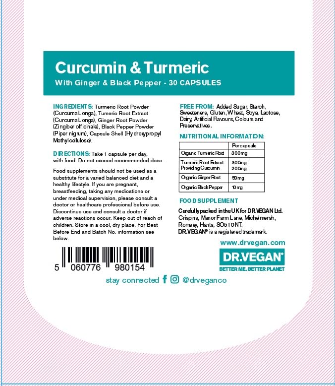 [Australia] - DR.VEGAN Organic Curcumin & Turmeric | High Strength, 30 Vegan-Friendly Capsules | Curcumin (200mg) & Turmeric (3300mg) with Ginger & Black Pepper | One-A-Day 