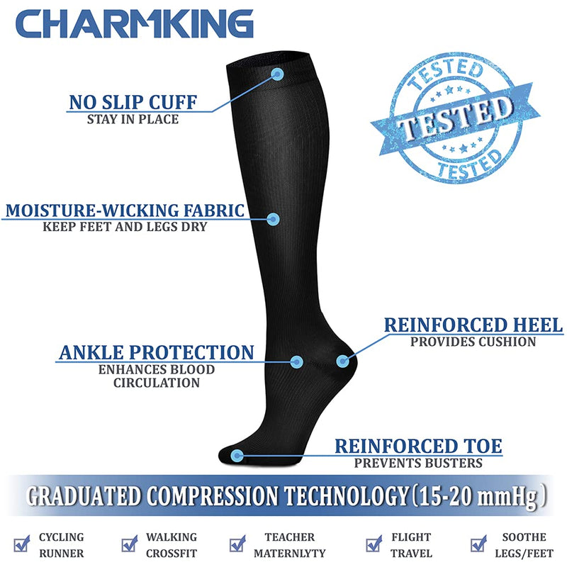 [Australia] - CHARMKING Compression Socks for Women & Men Circulation (8 Pairs)15-20 mmHg is Best Support for Athletic Running,Cycling Large-X-Large 02 Black/Black/Black/Black/Black 