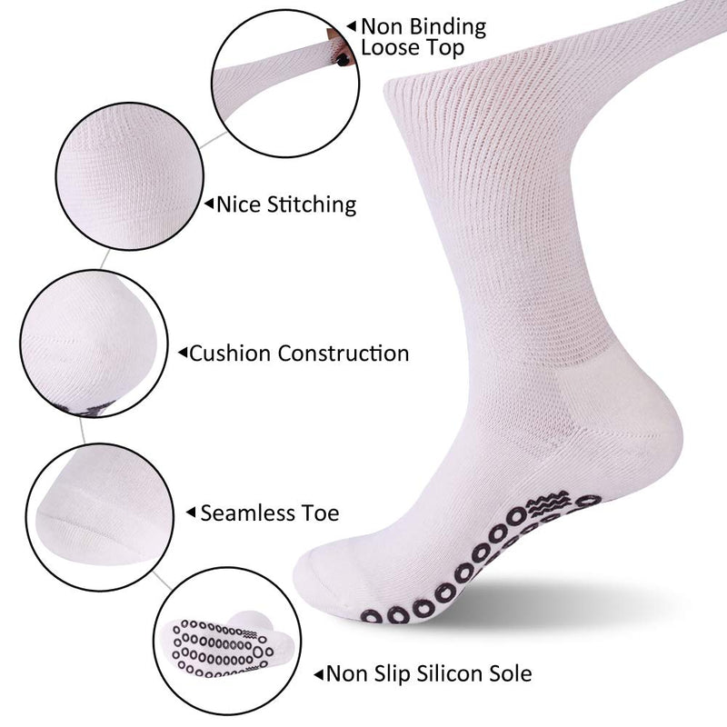 [Australia] - KitNSox Non-Skid Diabetic Socks for Men Women, Non-Binding Moisture Wicking Cushioned Non Slip Crew Grip Socks ##White 4 Pairs Diabetic Socks L:Shoe Size:10-13 