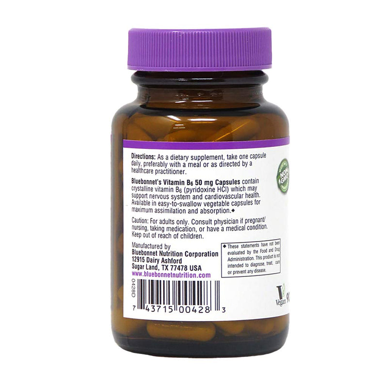 [Australia] - Bluebonnet Nutrition Vitamin B6 Vegetable Capsules, 50 mg, For Cardiovascular and Nervous System Health, Soy Free, Gluten Free, Kosher, Dairy Free, Vegan, Non-GMO, 90 Vegetable Capsules, 90 Servings 