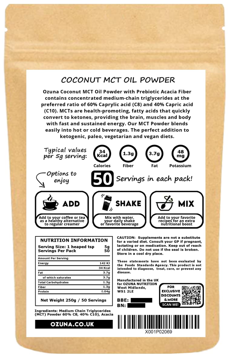 [Australia] - MCT Oil C8 & C10 Powder, Coconut Medium Chain Triglycerides for Sustained Clean Energy, Ketogenic Non Dairy Coffee Creamer, Suitable for Keto, Helps Boost Ketones | 50 Servings 
