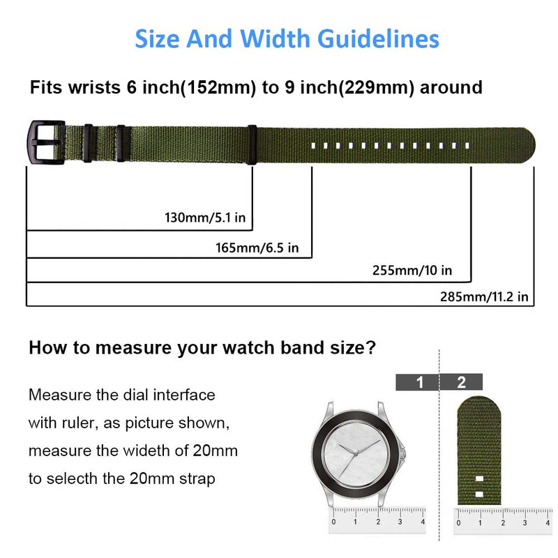 [Australia] - Ritche Military Ballistic Nylon Watch Strap with Heavy Buckle 18mm 20mm 22mm Premium Nylon Watch Bands for Men Women Army Green / Black 