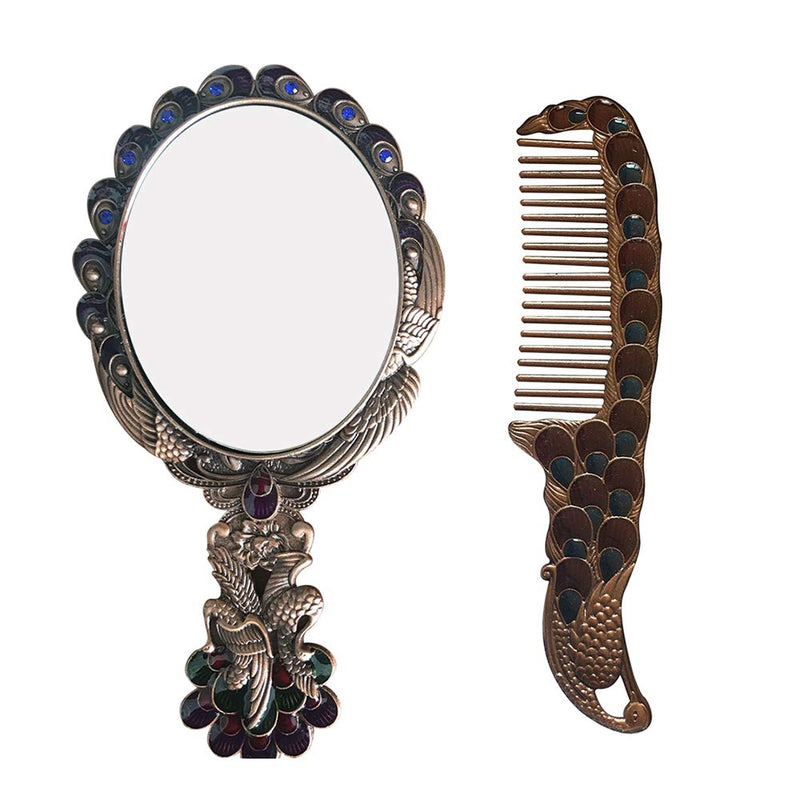 [Australia] - Nerien Women's Antique-Style Zinc Alloy Peacock Russian Style Cosmetic Mirror Vanity Mirror Handle Mirror Set with Comb Copper 