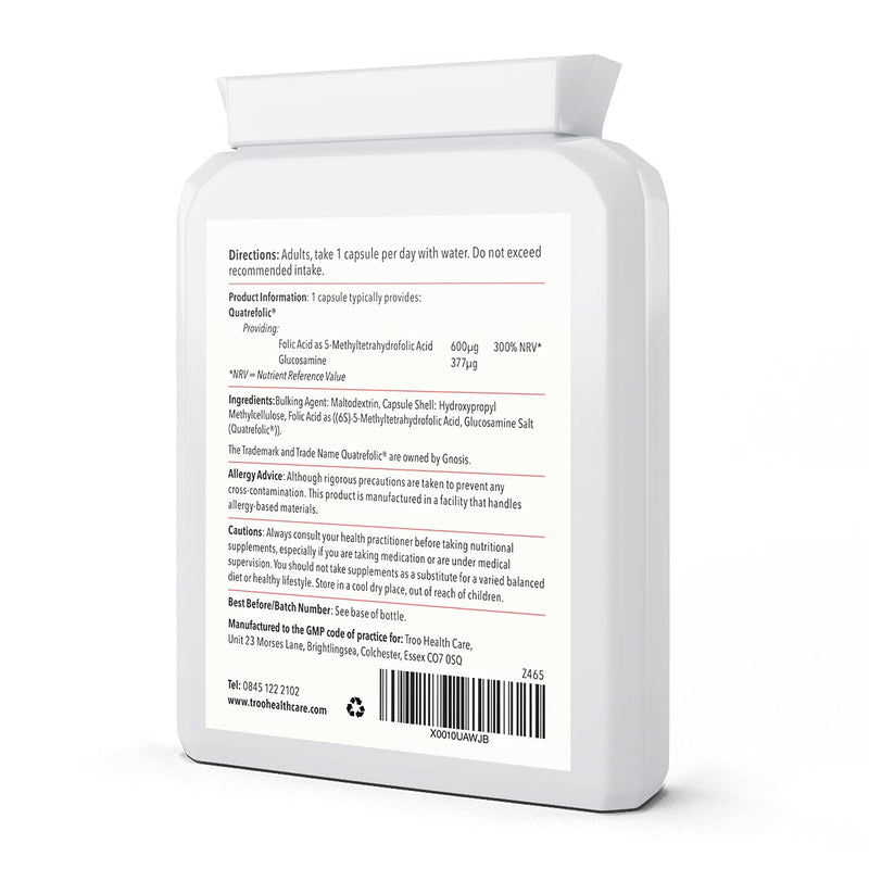 [Australia] - Folic Acid 600�g 90 Capsules as Quatrefolic Methyl Folate 5-MTHF Supplement - 6S-5-Methyltetrahydrofolate - Superior Bioavailable Activated Folic Acid Supplement - UK Manufactured 