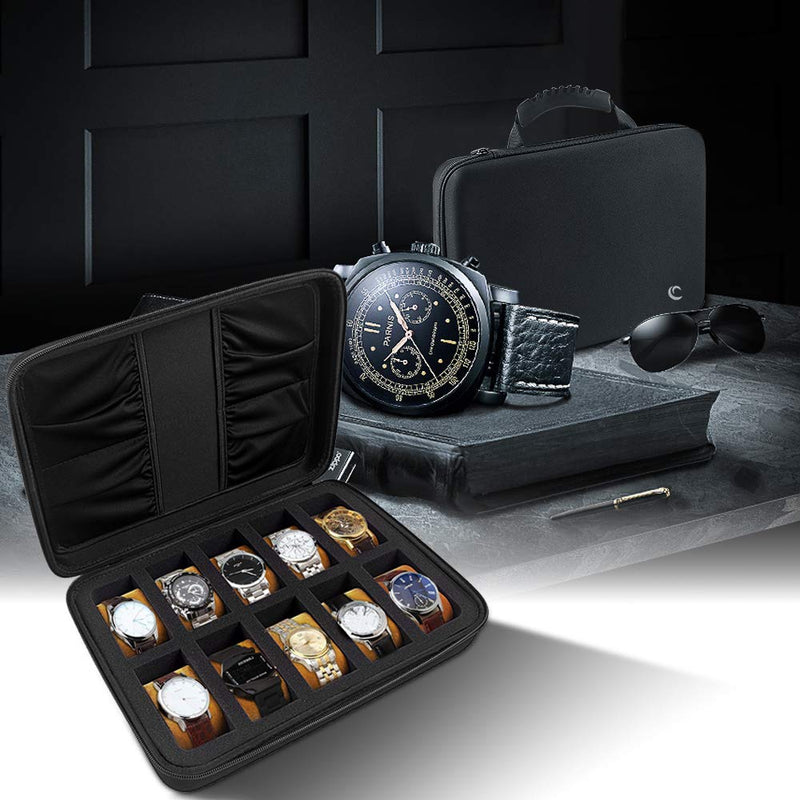[Australia] - 10 Slots Watch Box Organizer/Men Watch Display Storage Case Fits All Wristwatches and Smart Watches up to 42mm with Extra 4 Pocket for Watch Band and Other Accessories (Black) Brown Pillow 